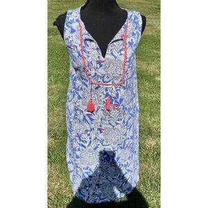 Boden Dress Womens 4 Blue White Floral Tassel Sleeveless Split Neck Cotton Tunic
